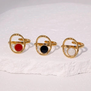 Detailed set of three adjustable gold-plated hammered rings with colorful enamel inlays