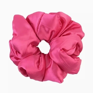Oversized rose red satin scrunchie with soft padded filling and silky lustrous finish