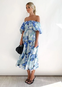 Blue and white floral off-shoulder midi dress with puff sleeves and ruffled hem details