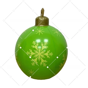 Macro detail of inflatable green Christmas ball with snowflake pattern and top hook