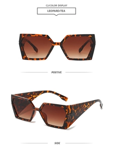 Detail view of leopard print square sunglasses with gradient brown lenses from two angles