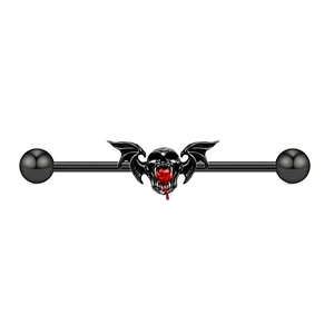 Gothic industrial barbell earring with black bat wings skull and red heart stone