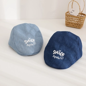 Kids denim beret hats with SMILE embroidery in light and dark blue wash styles