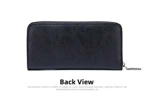 Detailed back view of a black textured leather long wallet with a premium metal zipper