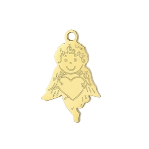 Detailed view of a golden cupid angel pendant with a heart and wings on white background