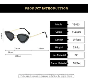 Detailed size chart for cat-eye metal sunglasses showing frame width and lens dimensions