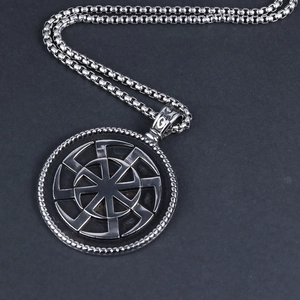 Vintage Viking sun wheel pendant in stainless steel with black box chain for men