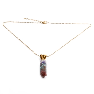 Irregular multi-colored semi-precious stone pendant necklace with gold chain and engraving