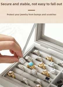 Detailed view of grey velvet jewelry box with secure slots for rings and earrings