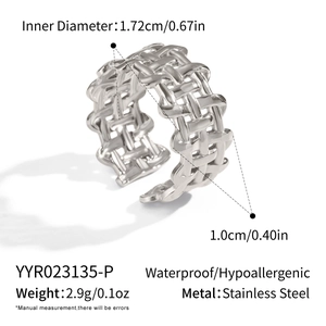 Detailed specs of stainless steel woven ring showing size, weight, and waterproof feature