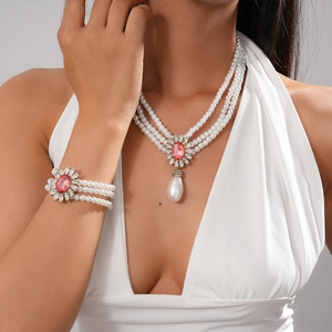Baroque Multi Layer Artificial Pearl Necklace And Bracelet Pink Gemstone Teardrop Pendant Vintage Elegant Jewelry For Women