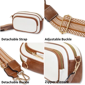 Detailed view of the crossbody bag showing adjustable webbing strap and secure metal zipper.