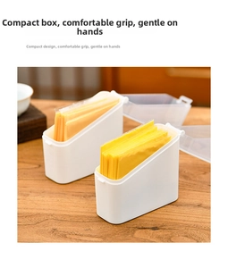 Close-up of a white plastic cheese slice storage box with a clear flip lid on a wooden table