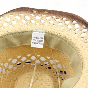 Detailed interior view of 100% paper straw cowboy hat with sweatband and wash label