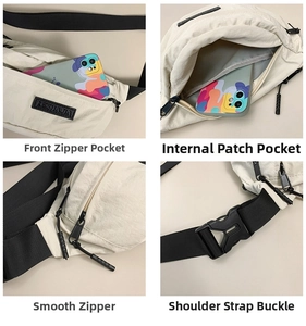 Detail view of khaki chest bag featuring front zipper pocket and quick-release buckle strap