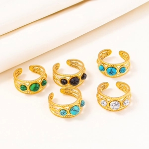 Adjustable 304 stainless steel gold rings with colorful round gemstone inlays