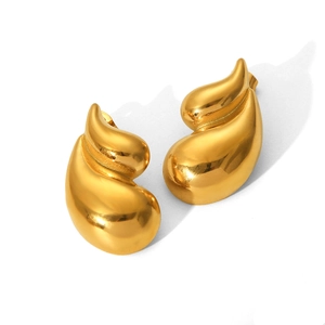 Macro view showing the irregular wrinkled texture and golden mirror finish of these earrings