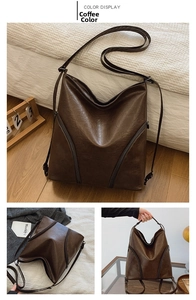 Detailed views of a dark coffee large capacity PU leather backpack with vintage zippers