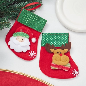 Christmas stocking decorations with Santa and Reindeer designs and green sequins