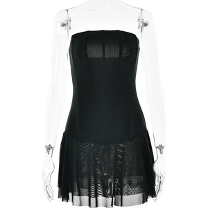 Chic black tube mini dress with sheer mesh hem on a mannequin for a slim fit look