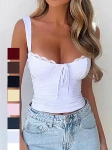 Camisola Con Ribete De Encaje Para Mujer Y2K Sexy Ajuste Estrecho Tirantes Espagueti Lazo Delantero Punto Acanalado Estilo Corsé