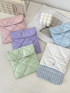 Quilted macaron color sanitary pouch with heart button for women daily storage