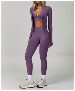 Ensemble de yoga 3 pièces violet foncé sans couture avec veste zippée, brassière et legging