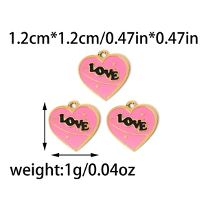 Detailed view of pink heart LOVE charms with precise size and weight specifications