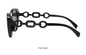 Side view of black cat eye sunglasses featuring unique decorative chain link temples