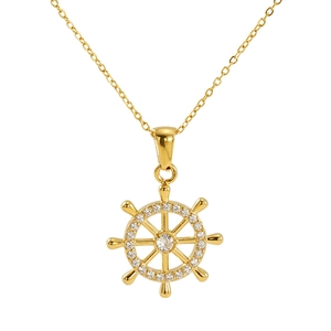 Elegant gold helm pendant necklace with sparkling rhinestones on a fine cross chain