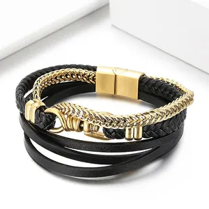 Men Multi-layer Woven Leather Bracelet Stainless Steel Magnetic Clasp Punk Fashion Retro Jewelry Gift