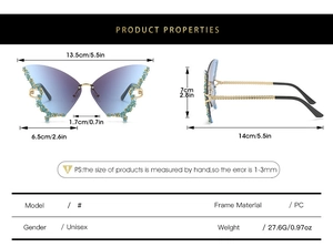 Detailed dimensions of rimless butterfly sunglasses with blue-purple gradient lenses