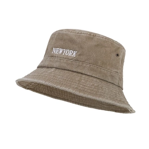 Vintage khaki washed cotton bucket hat with New York embroidery and metal eyelets