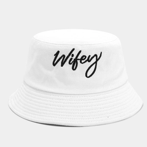 White cotton bucket hat with Wifey embroidery script and stitched brim for outdoor wear