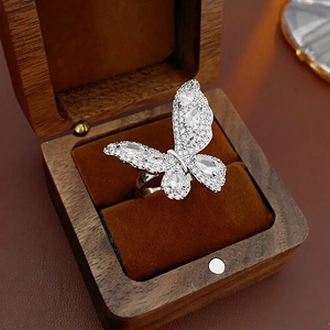 Butterfly Open Ring Copper Cubic Zirconia Adjustable Sparkling Luxury Exaggerated Fashion Finger Jewelry For Women