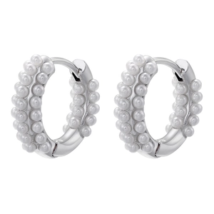 Elegant 18K gold plated C-shaped hoop earrings with three rows of synthetic pearls
