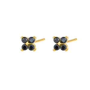 Elegant gold flower stud earrings with four round black gemstones in a prong setting