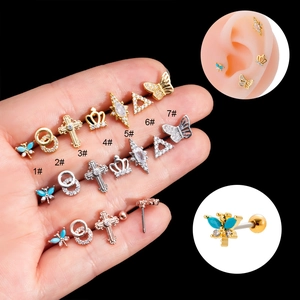 Stainless Steel Post Zircon Cartilage Stud Earrings Butterfly Heart Eye Shapes Screw Back Ball Trendy Piercing Jewelry