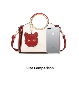 Detail of red and white handbag with round gold handle and phone for size comparison