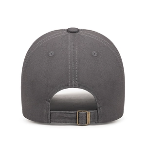 Dark grey cotton baseball cap with embroidered letters and adjustable bronze metal buckle