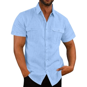 Men's light blue short sleeve cotton linen shirt with dual pockets and lapel collar
