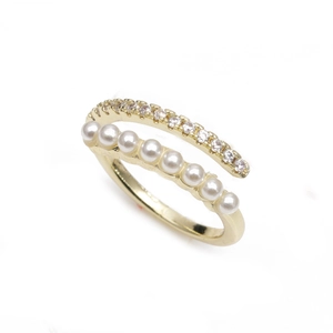 Bague ouverte double couche en plaqué or 18 carats avec zircons et perles blanches