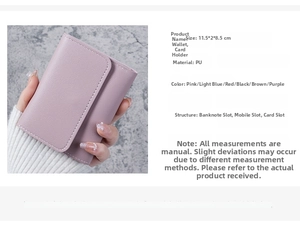 Detailed view of pink PU leather wallet showing precise 11.5x2x8.5cm size and internal slots