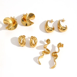 Modern gold-plated stainless steel earrings set featuring abstract and wavy geometric designs