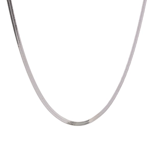 Polished silver stainless steel snake bone chain necklace for women on white background