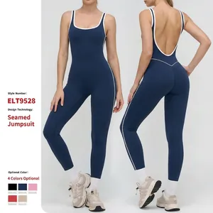 Women Yoga Bodysuit Square Neck Open Back Athletic Jumpsuit Contrast Edging Slim Fit One Piece Top And Bottom Running Fitness Wear