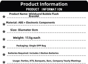 Detailed specifications for LED bubble bracelet showing ABS material and dimensions