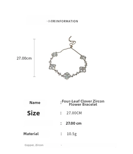 Detailed spec view of clover zircon flower bracelet with adjustable copper chain