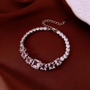 French Luxury Square Pink Zircon Bracelet Copper Sparkling Geometric Pendant Adjustable Elegant Jewelry For Women