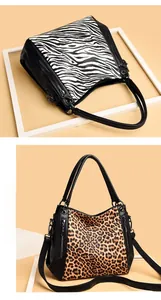 Close-up of leopard and zebra print panels on large capacity faux leather tote bags